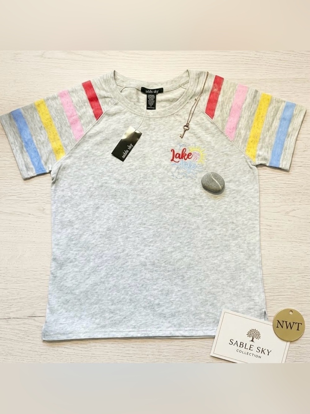 NWT! gray short-sleeve tee with striped raglan sleeves and a "Lake Life" graphic